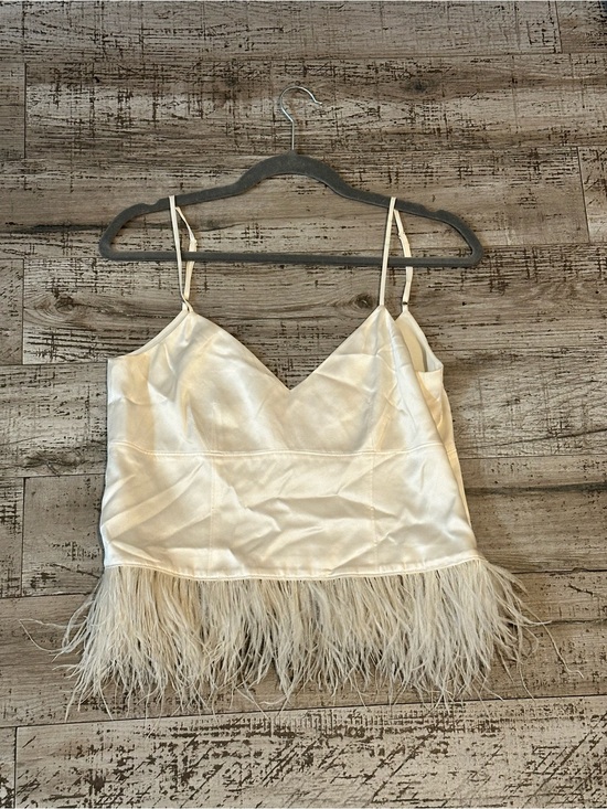 cinq a sept Tops - Cinq à Sept Ivory Feather Trim Satin Crop Top – Size S